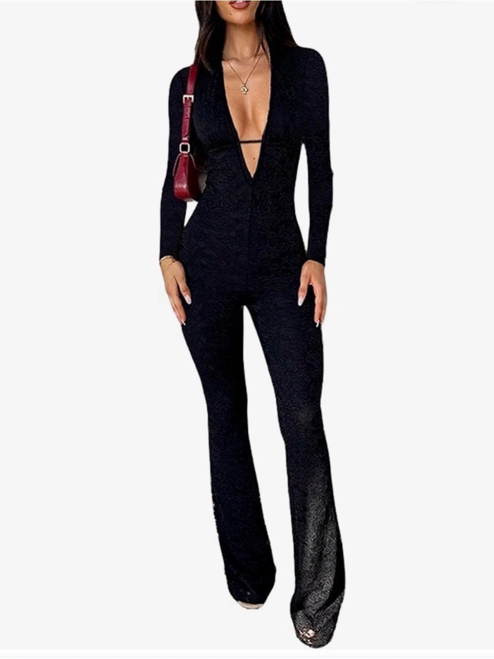 A388 Lace Black Large Jumpsuit Sexy V-Neck Long Sleeve Rompers Bodycon NEW